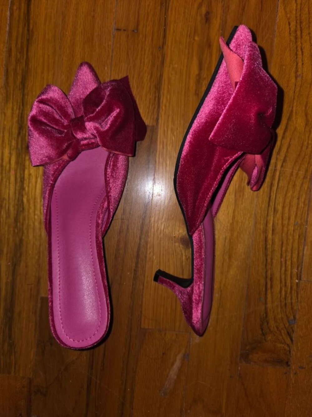 Pink Velvet Bow Mule Heels Pointed Toe Low Kitten Heel Slides